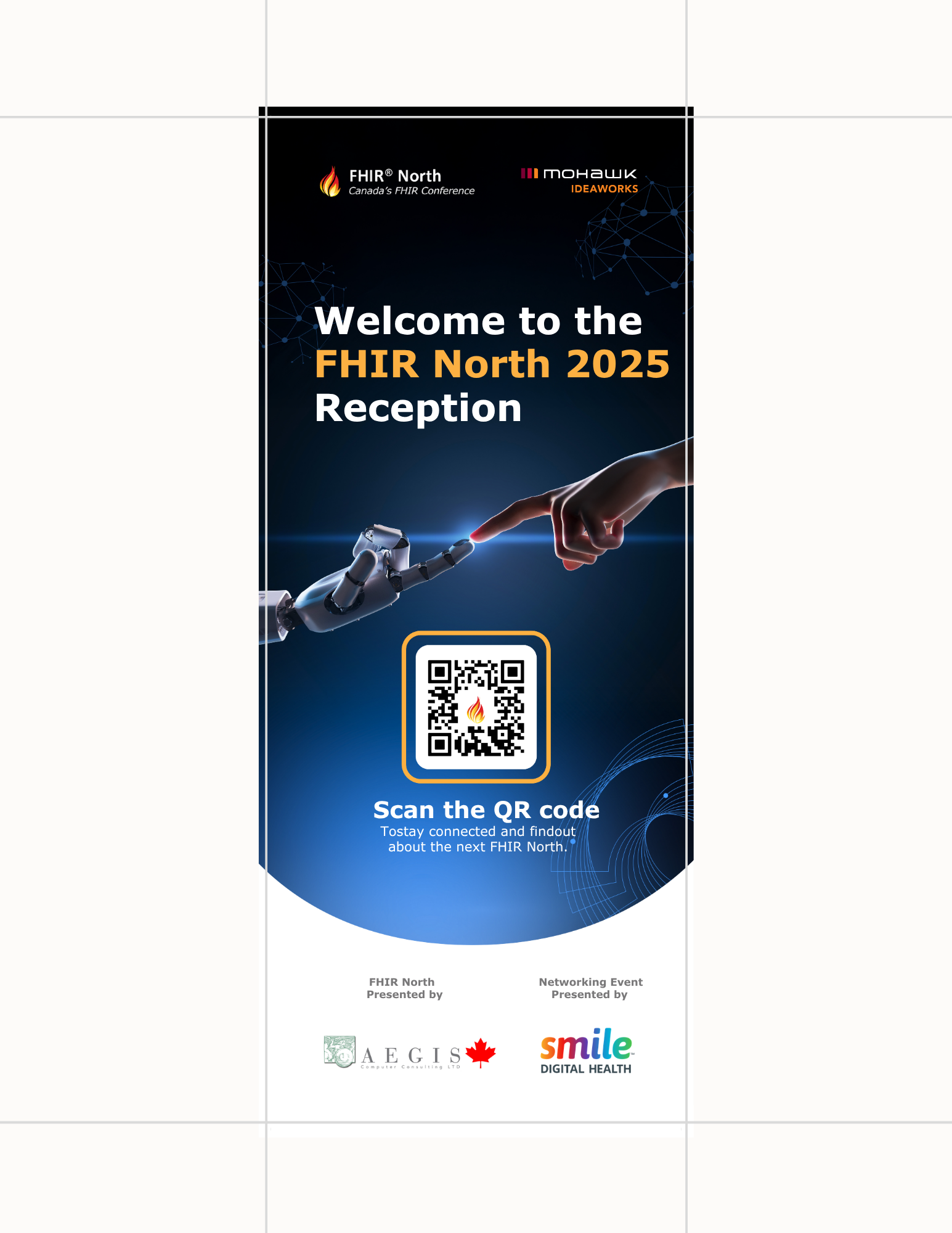 FHIR North 2025 vertical roll-up banner design with reception messaging and QR code