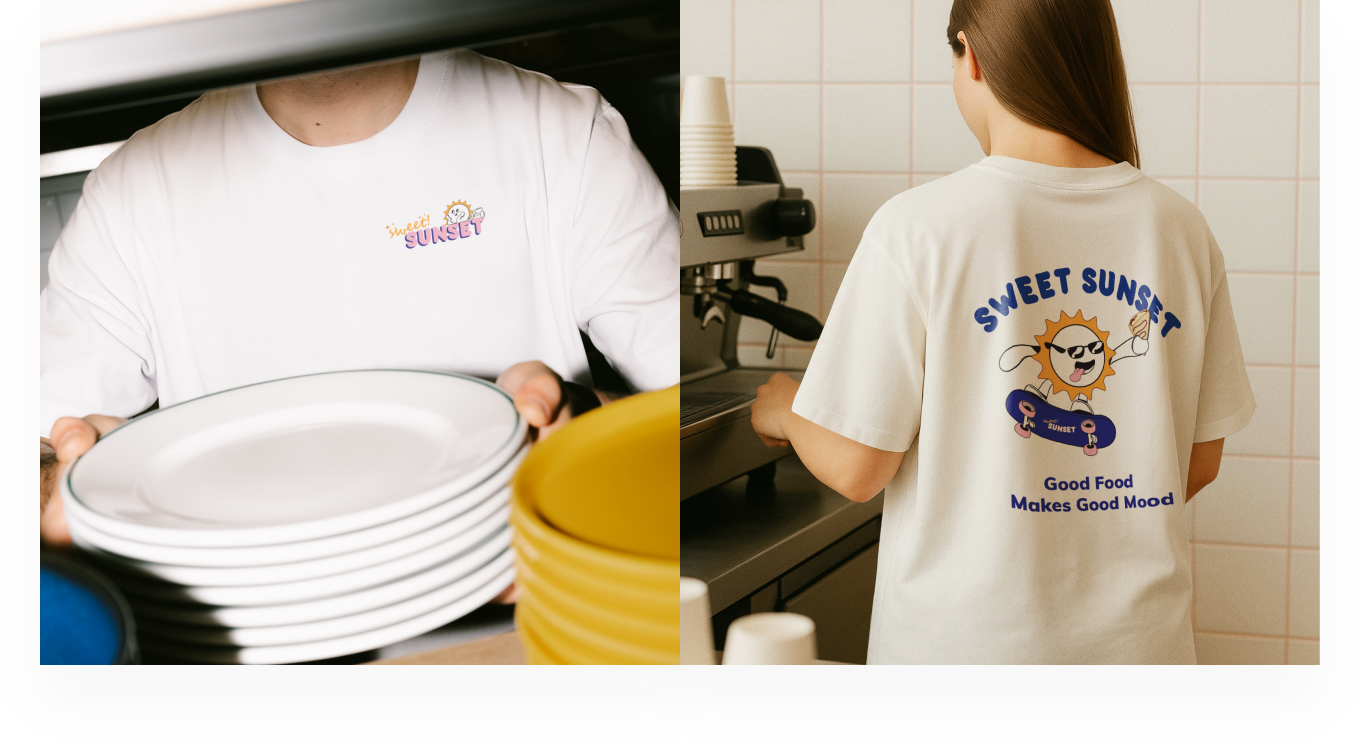 Sweet Sunset branded t-shirts — pocket logo and large back graphic in a café setting