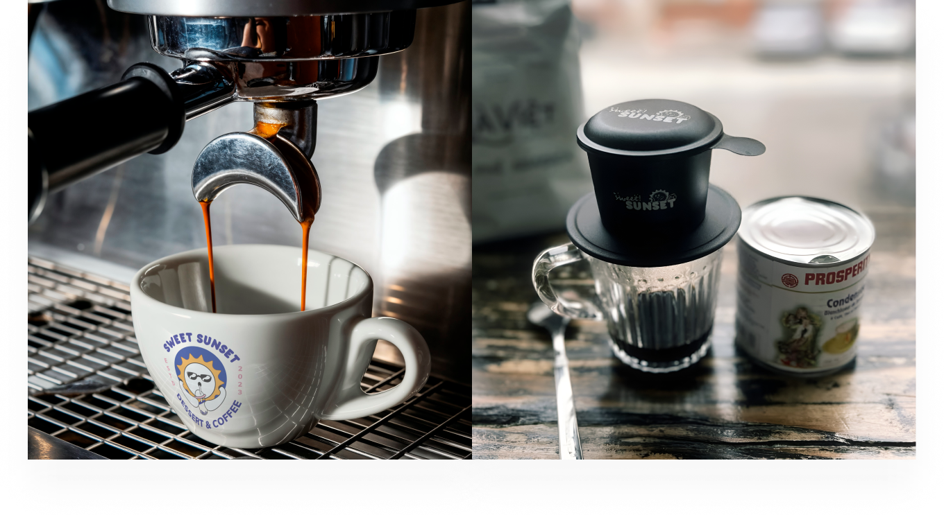 Sweet Sunset espresso pour and Vietnamese phin coffee setup