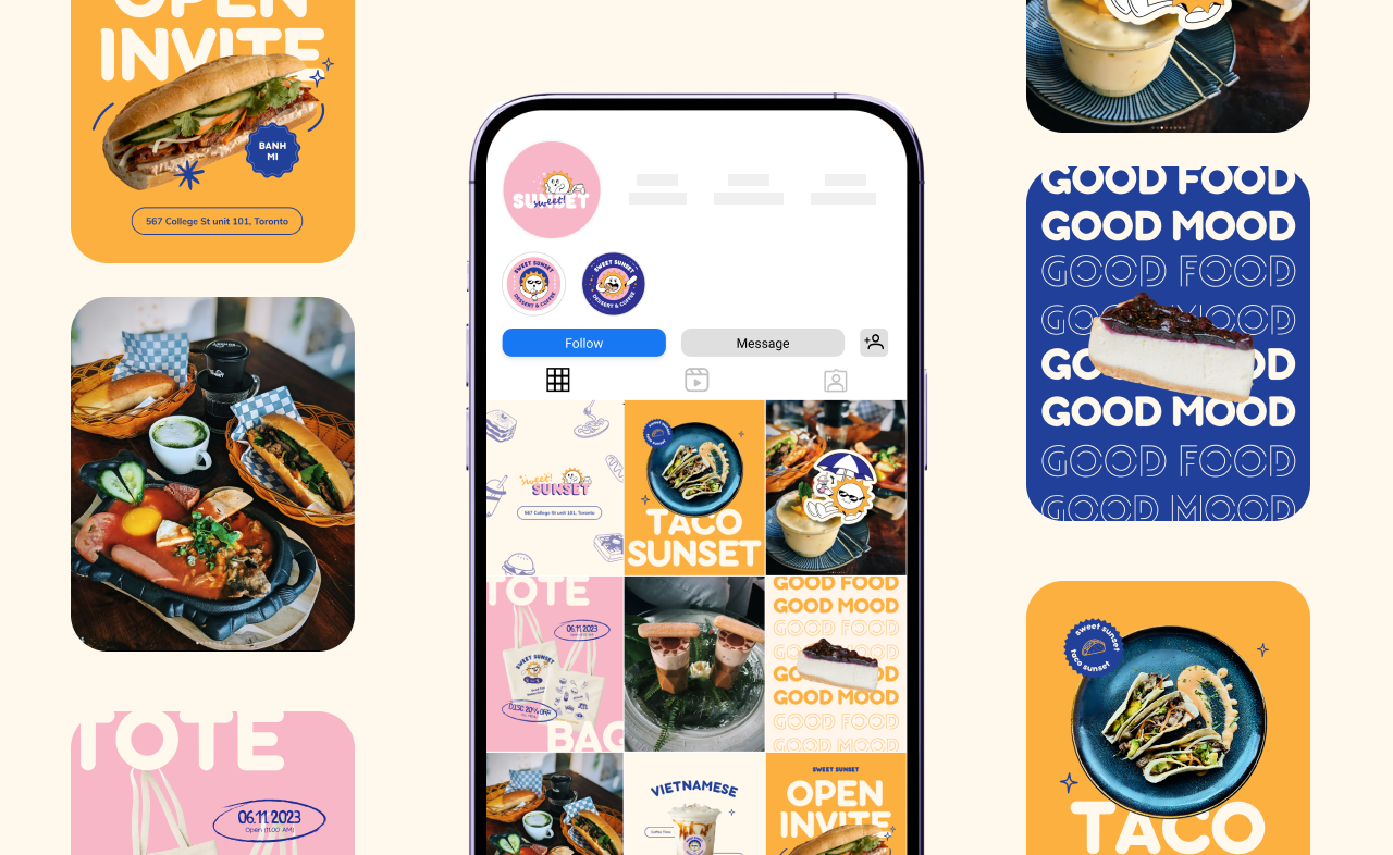Sweet Sunset Instagram profile mockup and social media post tiles