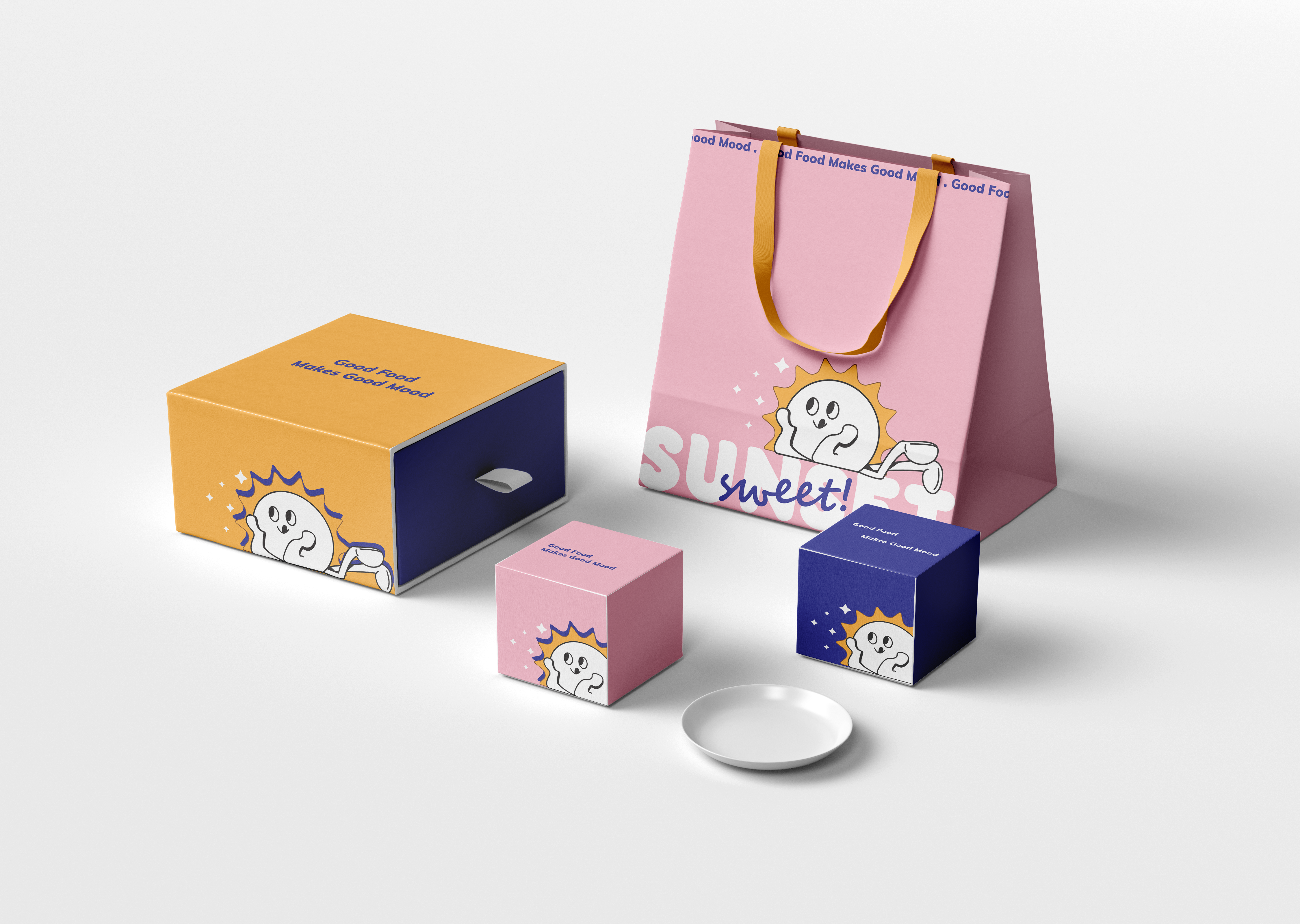 Sweet Sunset branded bags, boxes, and packaging mockups