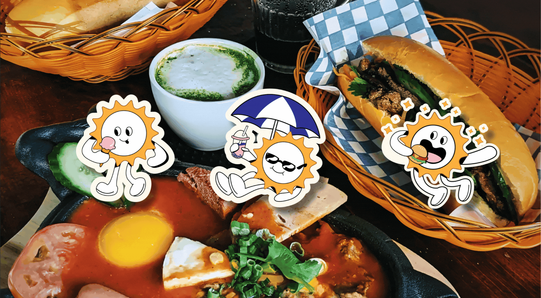 Sweet Sunset menu spread with illustrated sun characters over Vietnamese-inspired dishes