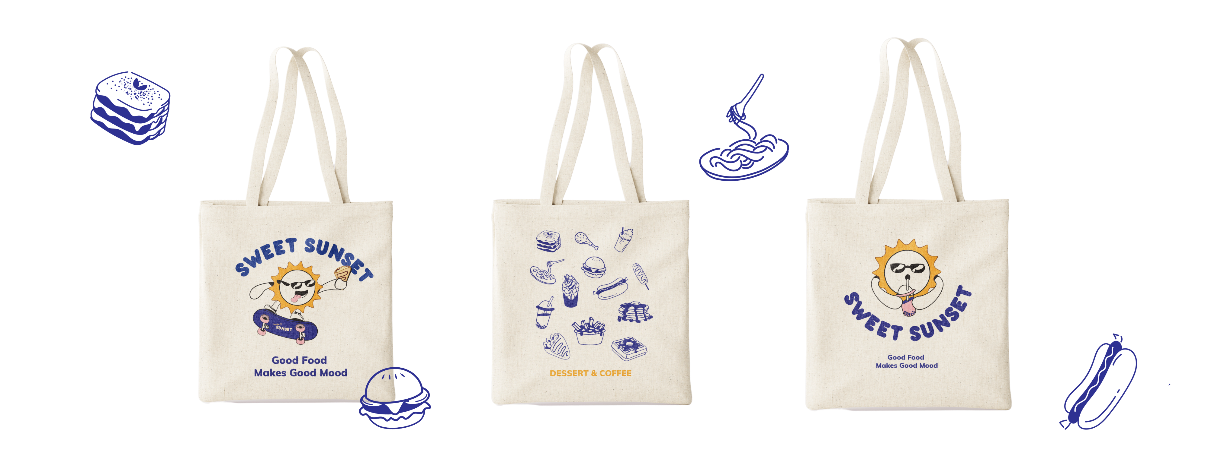 Sweet Sunset canvas tote bags with mascot and Good Food Makes Good Mood graphics