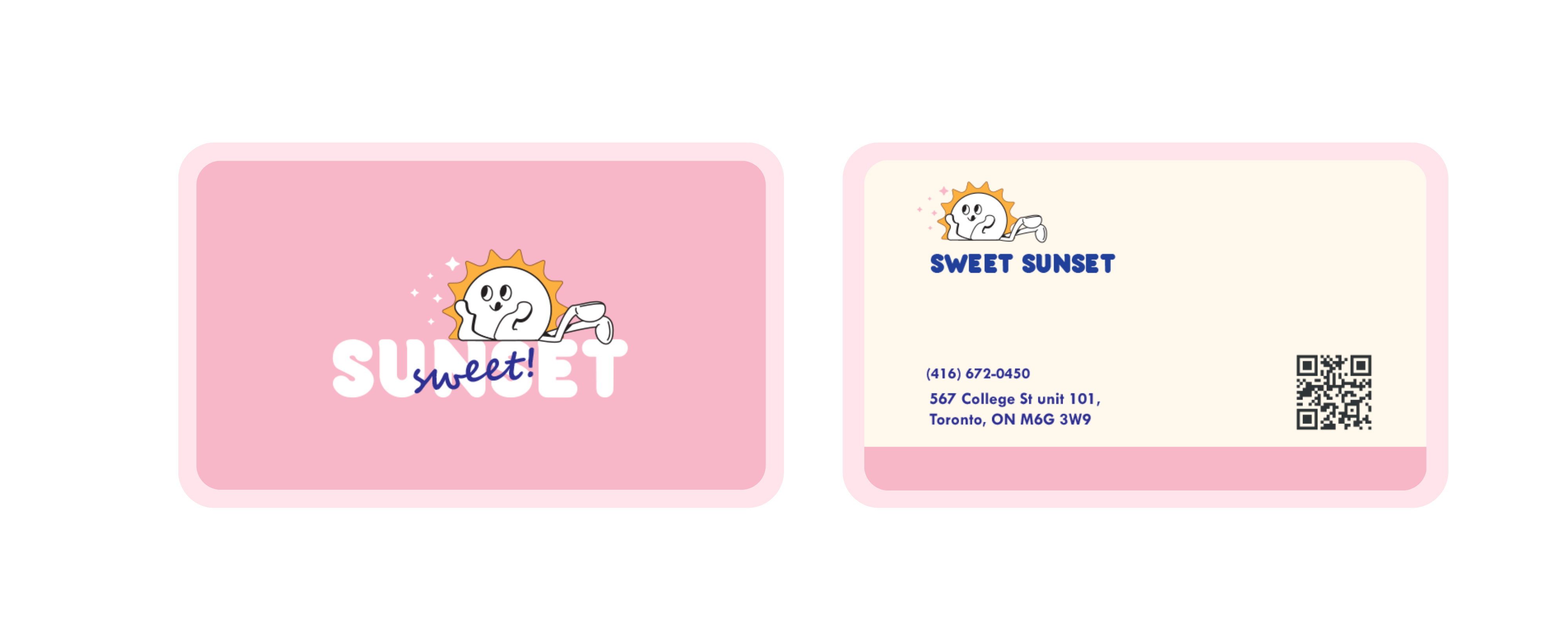 Sweet Sunset business cards — front and back with logo and contact details