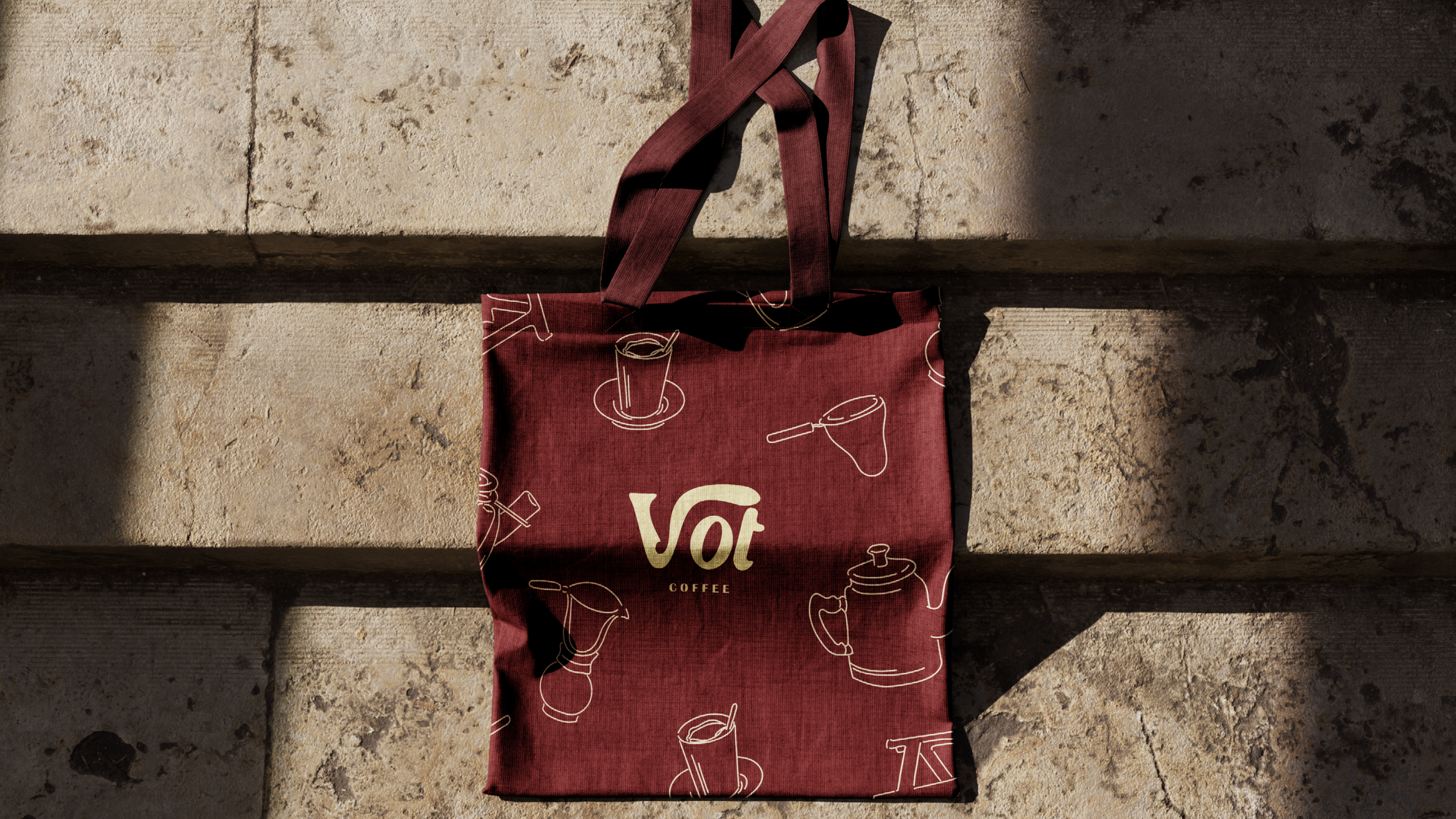 Maroon tote bag with line-art coffee pattern