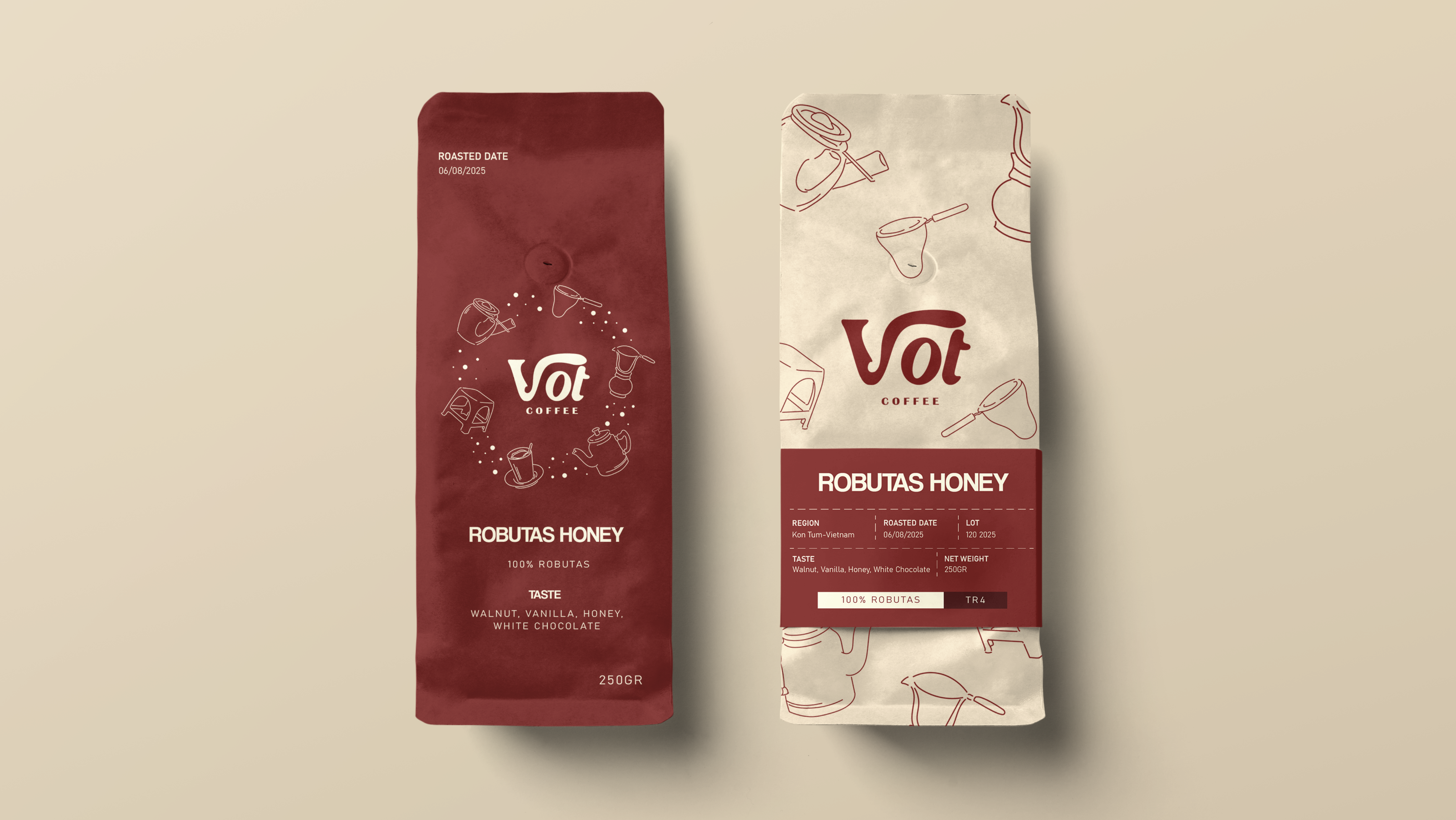 Robustas Honey coffee bean packaging — two bag designs