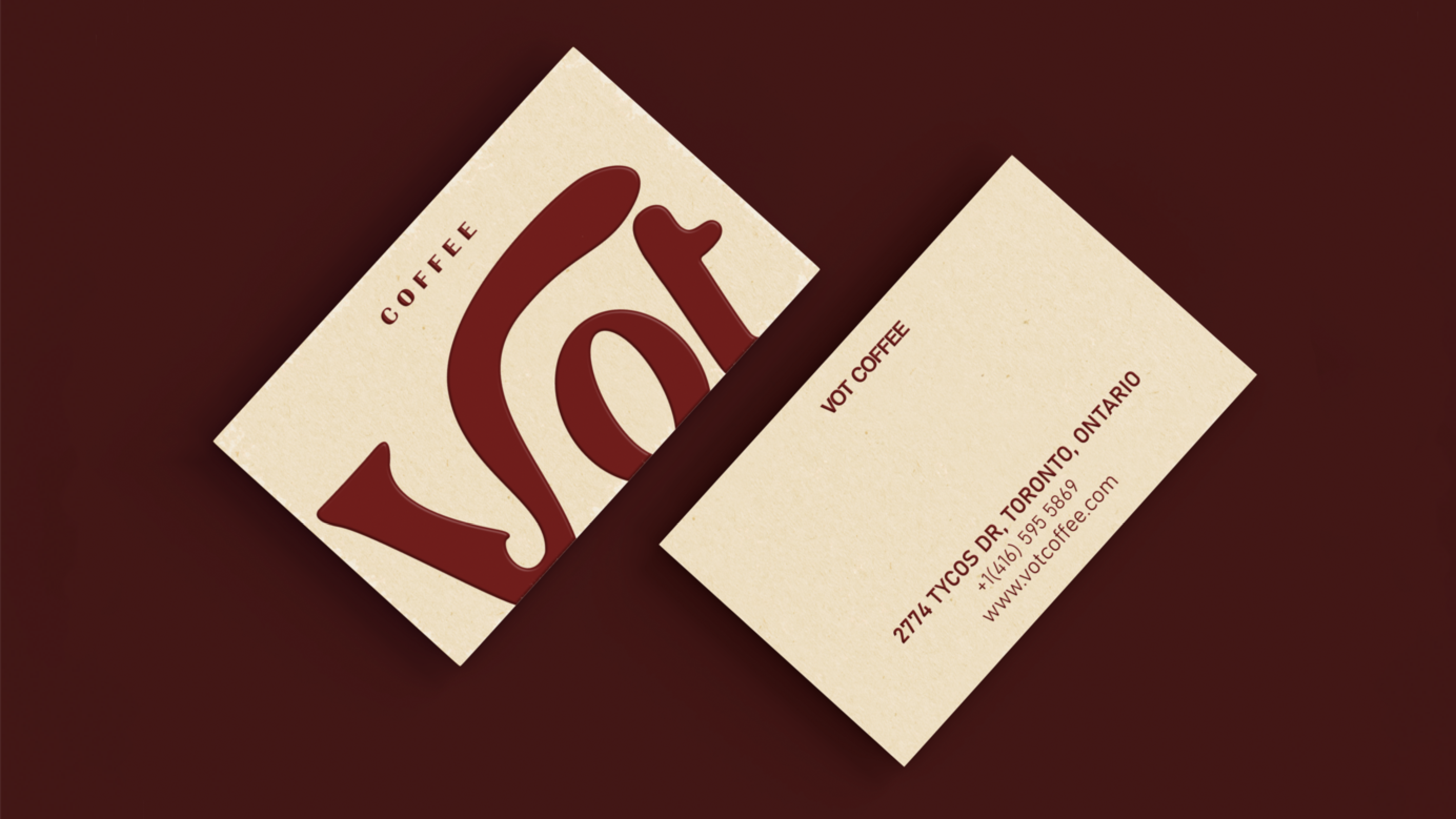 Vot Coffee business cards — front and back on deep maroon