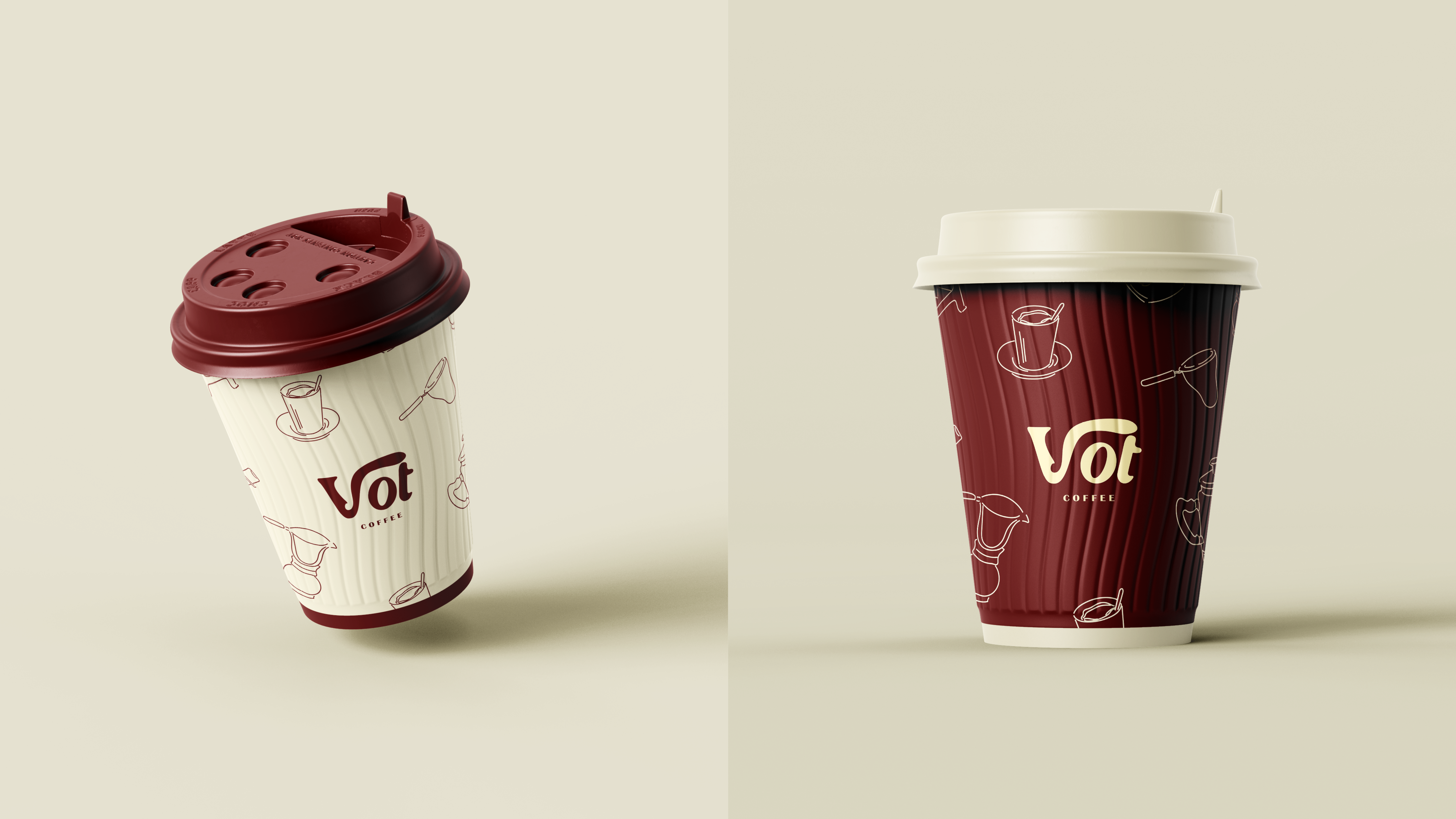 Branded paper cups — cream and maroon variants