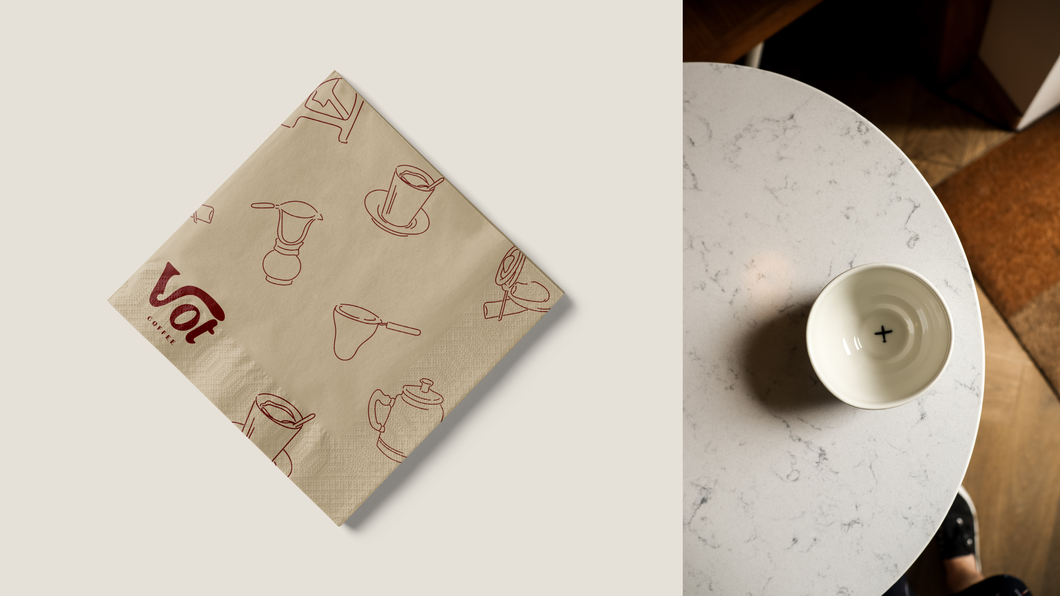 Branded napkin and café tabletop detail